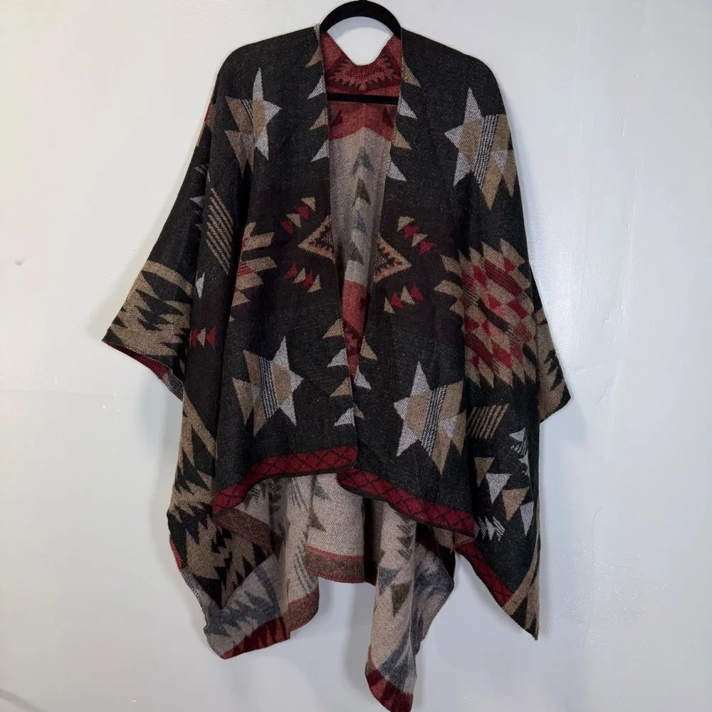 Womens Southwest Reversible Poncho Wrap Aztec Tribal Pattern Multicolor One Size
